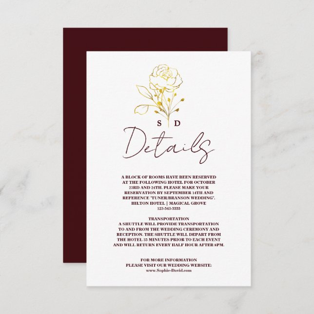 Tarjeta De Recepción Trendy Deep Burgundy Gold Monogram Wedding Details (Anverso / Reverso)
