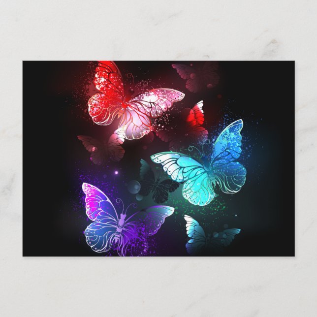 Tarjeta De Recepción Tres mariposas brillantes en el fondo nocturno (Anverso)