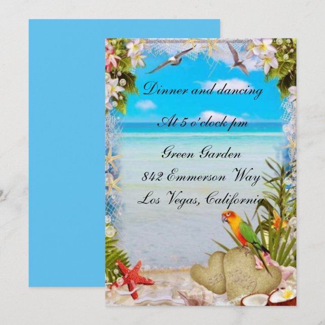 Tarjeta de recepción Tropical Beach Floral Wedding (Anverso / Reverso)