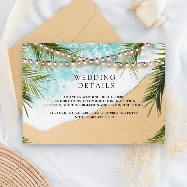 Tarjeta De Recepción Tropical Beach Palm String Lights Wedding Details (Subido por el creador)