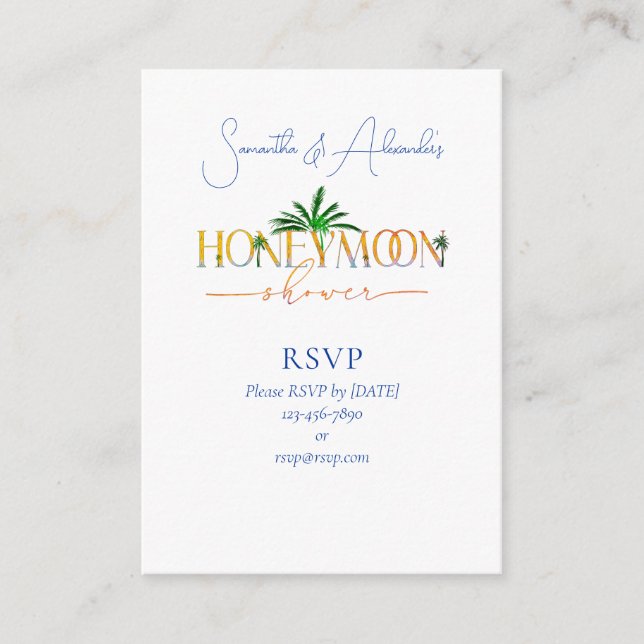 Tarjeta De Recepción Tropical Beach Sunset Honeymoon Fondo Ducha Pareja (Anverso)