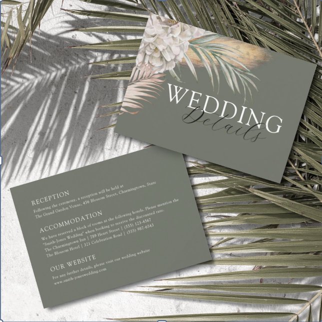 Tarjeta De Recepción Tropical Beige Floral & Palm Wedding Details (Subido por el creador)