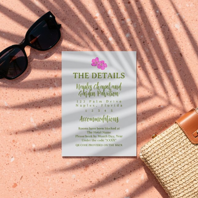 Tarjeta De Recepción Tropical Hand Drawn Pink and Green  (Tropical Hand Drawn Pink and Green Enclosure Card)