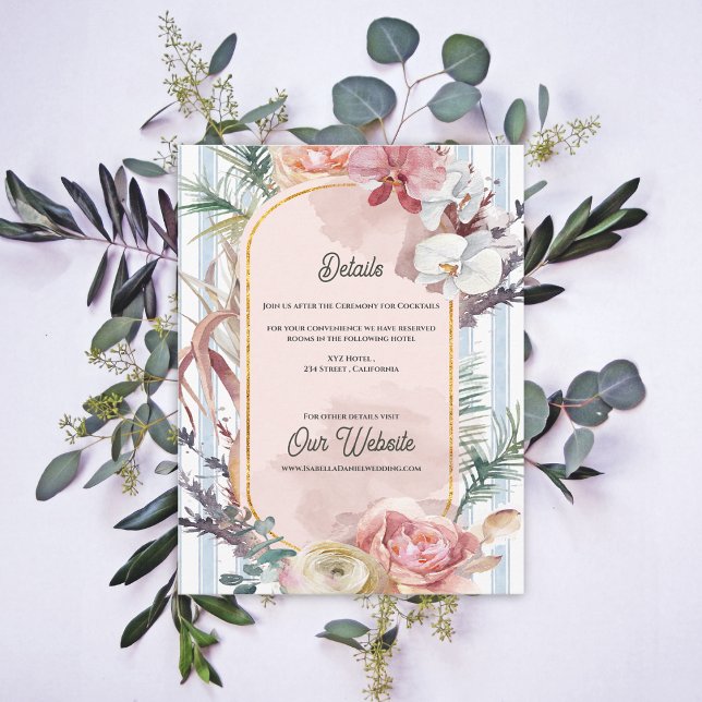 Tarjeta De Recepción Tropical Orchid Floral Destination Wedding Details (Tropical Orchid Wedding Details Card | Blush Floral Destination Beach Info Enclosure)