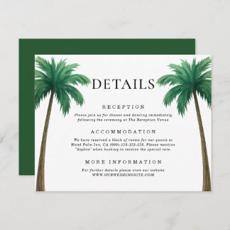 Tarjeta De Recepción Tropical Palm Trees Minimal Beach Wedding Details