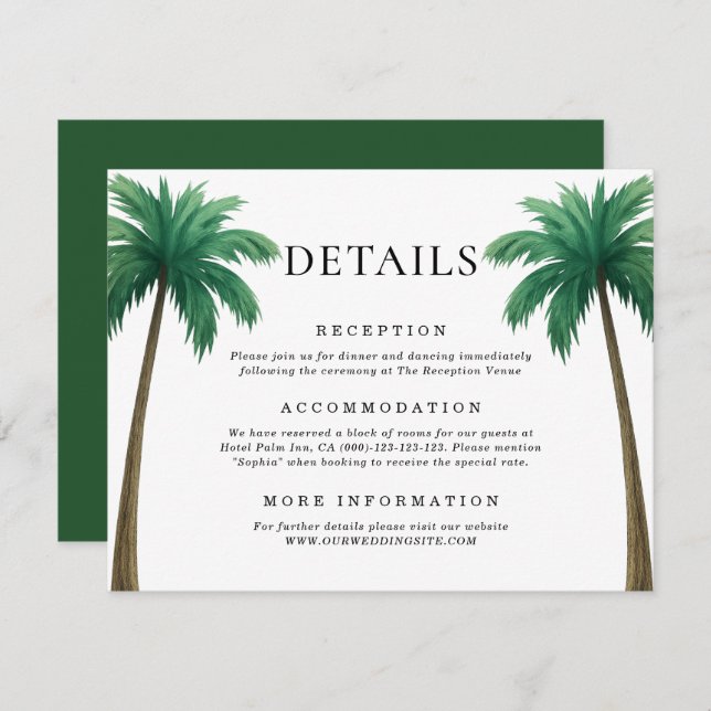 Tarjeta De Recepción Tropical Palm Trees Minimal Beach Wedding Details (Anverso / Reverso)