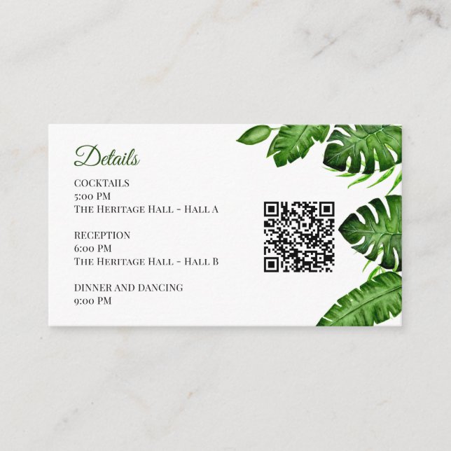 Tarjeta De Recepción Tropical Wedding Details QR Code Monstera Greenery (Anverso)