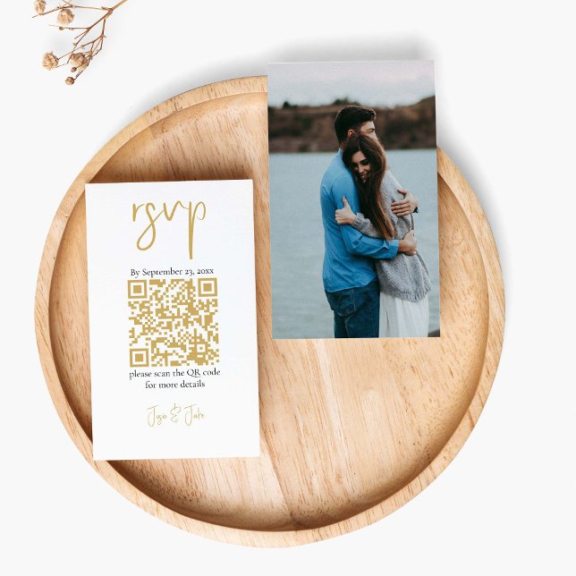 Tarjeta De Recepción Tu foto oro código QR negro boda RSVP (Elegant RSVP enclosure card! Featuring a full photo and a stunning gold QR code.)