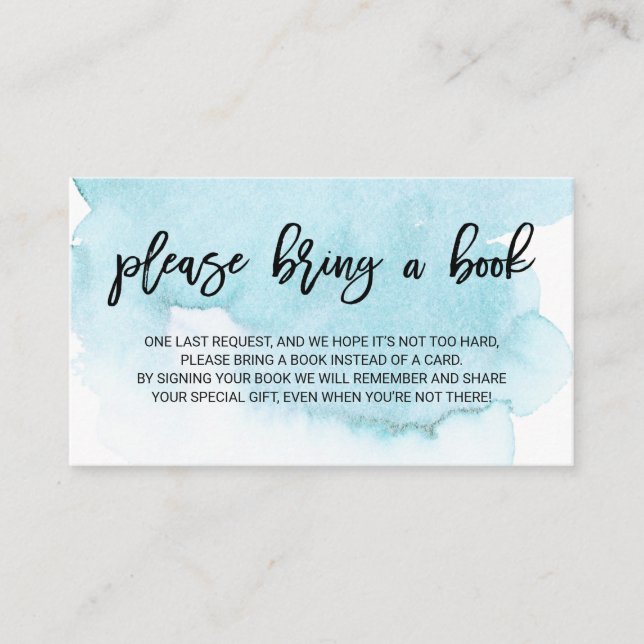 Tarjeta De Recepción Turquesa azul acuarela Trae Baby Shower un libro (Anverso)