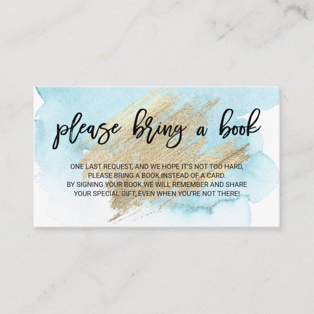 Tarjeta De Recepción Turquesa azul acuarela Trae Baby Shower un libro (Anverso)