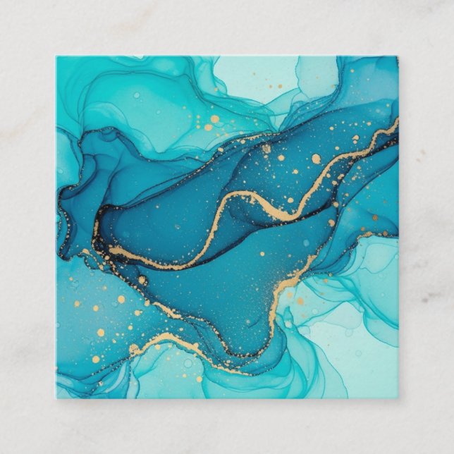 Tarjeta De Recepción Turquoise and Teal Alcohol Ink Abstract with Gold  (Anverso)