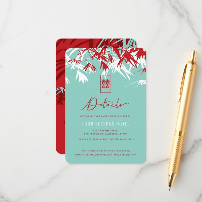 Tarjeta De Recepción Turquoise Bamboo deja al Boda chino detenido (Anverso/Reverso In Situ)