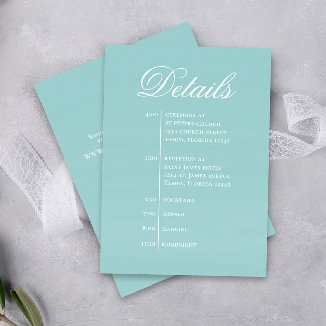 Tarjeta De Recepción Turquoise Wedding Timeline Details Simple RSVP (Beach turquoise blue wedding details card.)