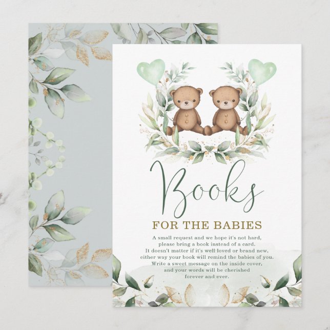Tarjeta De Recepción Twin Teddy lleva libros de oro de vegetación para  (Anverso / Reverso)