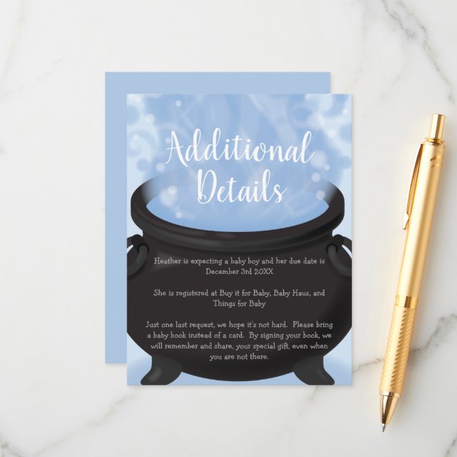 Tarjeta De Recepción Un bebé está preparando una bruja Baby Shower azul (Anverso/Reverso In Situ)