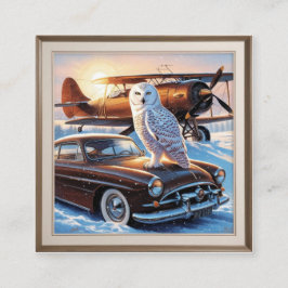 Tarjeta De Recepción Un búho de nieve, un avión y un coche vintage