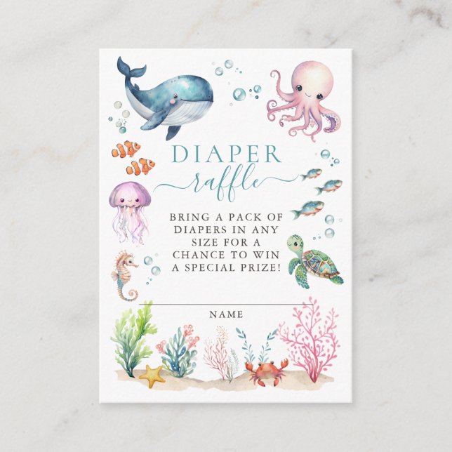Tarjeta De Recepción Under the Sea Animals Baby Shower Diaper Raffle (Anverso)