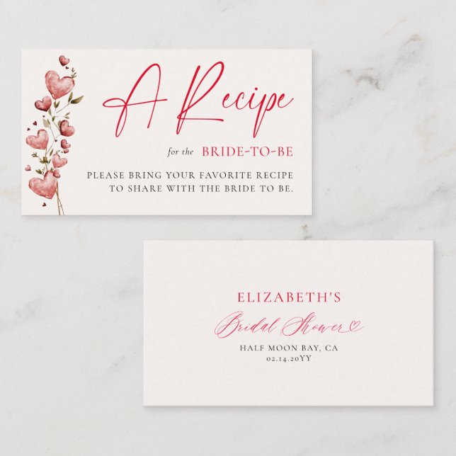Tarjeta De Recepción Valentine Bridal Shower Hearts Vines Bride Recipe (Anverso / Reverso)