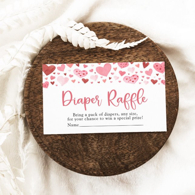 Tarjeta De Recepción Valentine SCariño Baby Shower Diaper Raffle (Watercolor Cute Valentine Pink and Red Hearts Baby Shower Diaper Raffle Game Ticket)