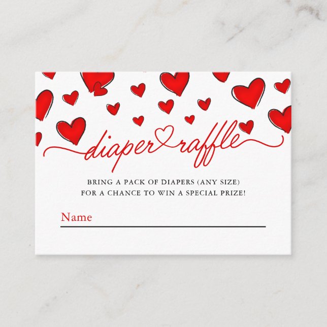 Tarjeta De Recepción Valentines Red Hearts Diaper Raffle Baby Shower (Anverso)