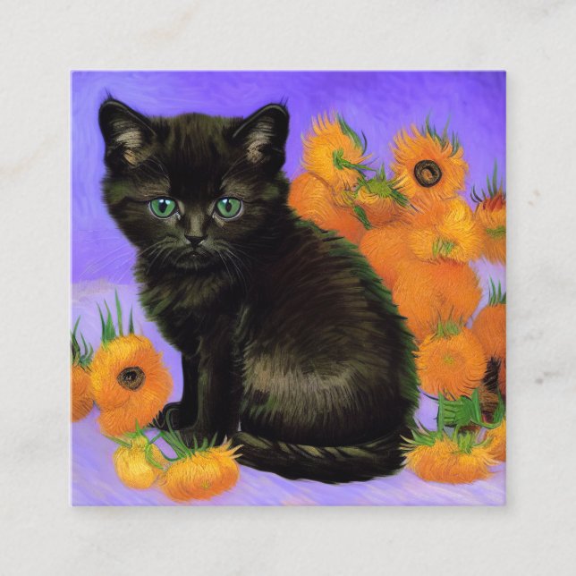 Tarjeta De Recepción Van Gogh Black Kitten con girasoles (Anverso)