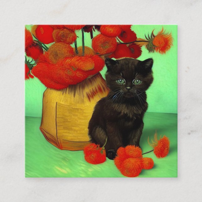 Tarjeta De Recepción Van Gogh Black Kitten Red Flowers (Anverso)