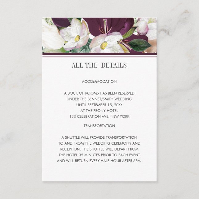 Tarjeta De Recepción Velvet Magnolia Detalles clásicos modernos de boda (Anverso)