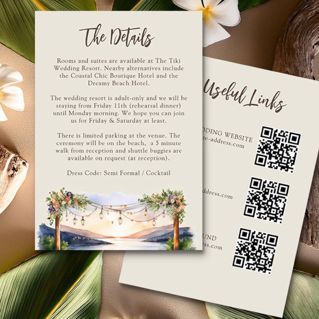 Tarjeta De Recepción Verano acuarela Beach Wedding Detalles del código  (Wedding Details and QR Codes Insert Card from the Sunset Beach Wedding Collection by Darling & May)
