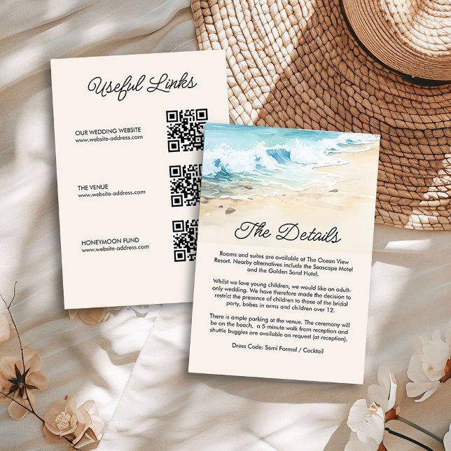 Tarjeta De Recepción Verano acuarela Beach Wedding Detalles del código  (Wedding Details enclosure cards from the Summer Beach Wedding Collection by Darling & May)