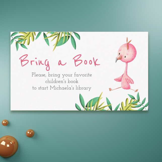Tarjeta De Recepción Verano tropical flamenco trae un libro (Adorable flamingo bring a book card for baby showers)