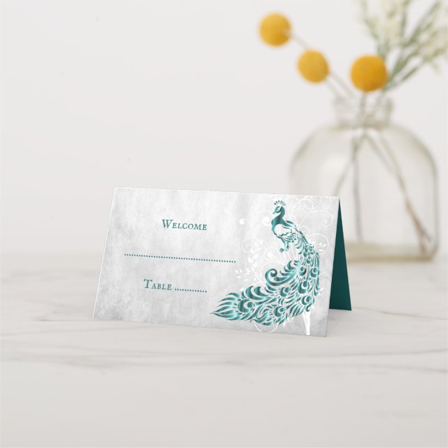 Tarjeta de recepción verde azulada de hojas de pav (Anverso)