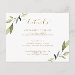Tarjeta De Recepción Verde Botánico Aquarela Elegante Boda Dorada