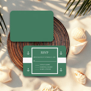 Tarjeta De Recepción Verde Náutico Blanco Anclas Rayas Boda RSVP E
