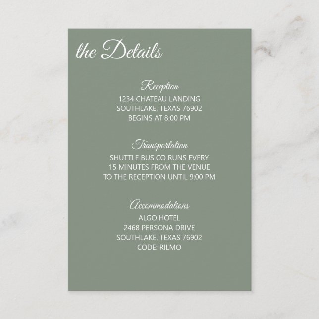Tarjeta De Recepción Verde Salvia y Detalles Blancos (Anverso)