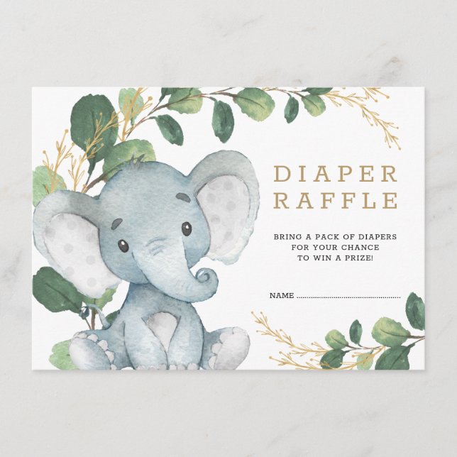 Tarjeta De Recepción Verde suave oro bebé elefante Diaper Raffle (Anverso)