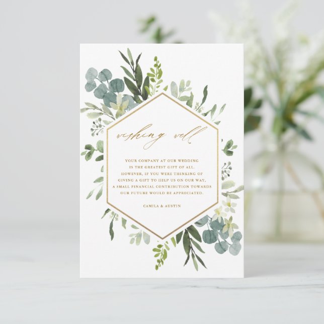 Tarjeta De Recepción Verdor acuarela Boda dorado Desear bien (Anverso de pie)