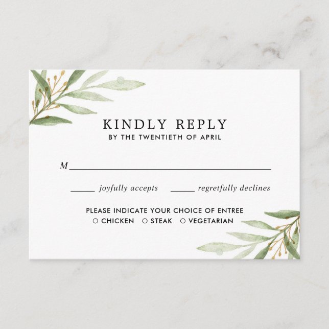 Tarjeta De Recepción Verdor acuarela hojas de oro verde RSVP (Anverso)