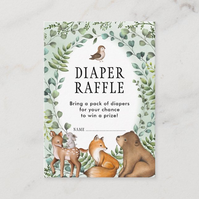 Tarjeta De Recepción Verdor Bosque de Woodland Animales Diaper Raffle (Anverso)