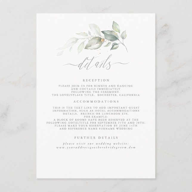 Tarjeta De Recepción Verdor Elegante detalles románticos Bodas (Anverso)