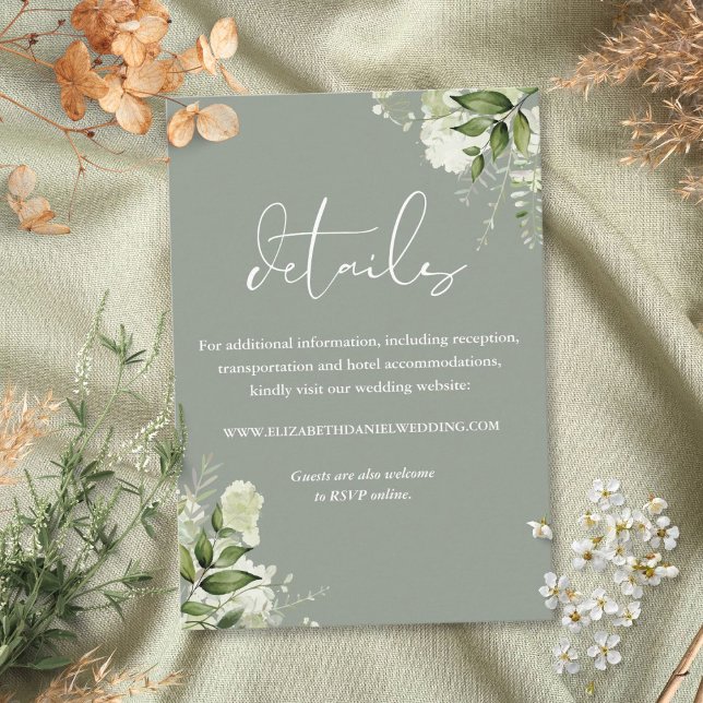 Tarjeta De Recepción Verdor Floral Elegante Boda Sage Green Detalles (Greenery Floral Elegant Sage Green Wedding Details Enclosure Card)