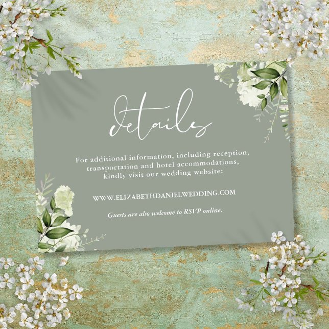 Tarjeta De Recepción Verdor Floral Elegante Boda Sage Green Detalles (Greenery Floral Elegant Sage Green Wedding Details Enclosure Card)