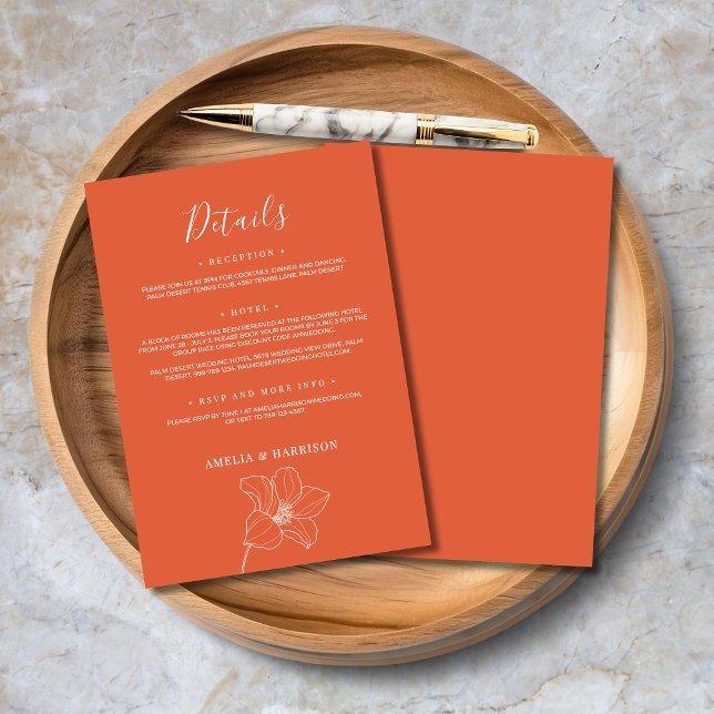 Tarjeta De Recepción Verona Sunset Elegante Naranja Boda Floral (Verona Sunset Elegant Orange Floral Wedding Detail Enclosure Card with Line Art Flowers.)