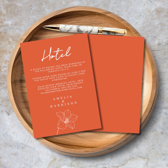 Tarjeta De Recepción Verona Sunset Naranja Elegant Floral Boda Hotel (Verona Sunset Orange Elegant Floral Wedding Hotel Enclosure Card with Line Art Flower, Script Text.)