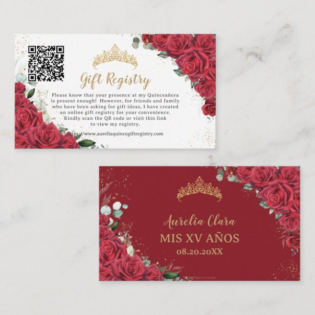 Tarjeta De Recepción Vibrante Red Floral Quinceañera QR Registro de Reg (Anverso / Reverso)