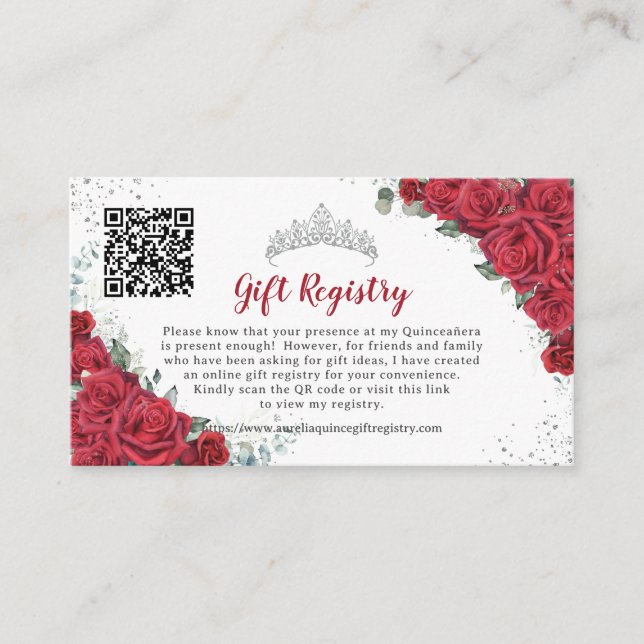 Tarjeta De Recepción Vibrante Red Floral Quinceañera QR Registro de Reg (Anverso)