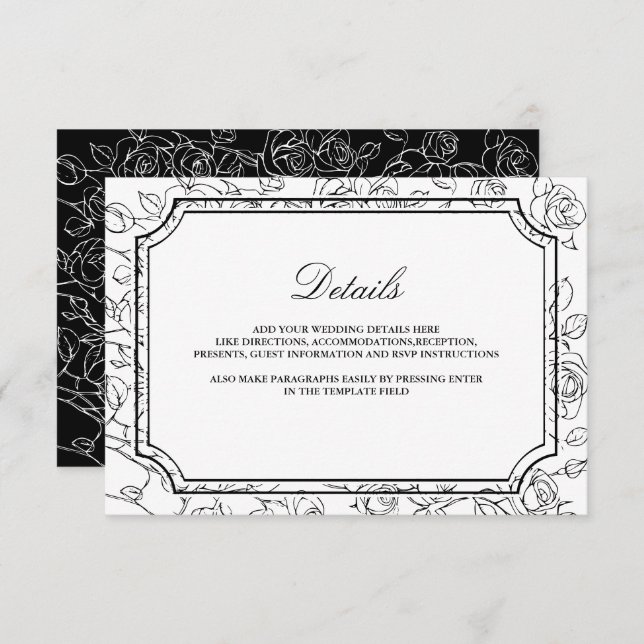 Tarjeta De Recepción Victorian Black and White Line Art Wedding Details (Anverso / Reverso)