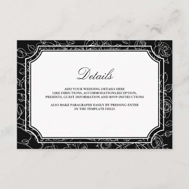 Tarjeta De Recepción Victorian Black Line Art Wedding Details (Anverso)