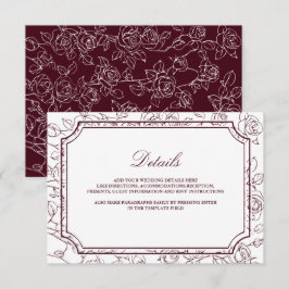 Tarjeta De Recepción Victorian Burgundy Floral Line Art Wedding Details
