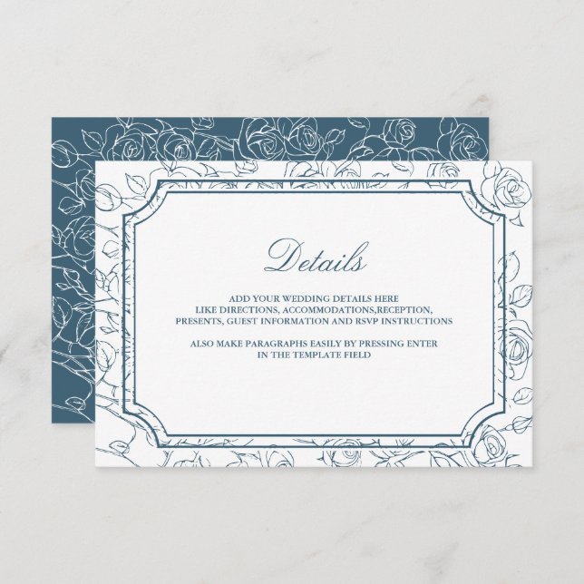 Tarjeta De Recepción Victorian Dusty Blue Line Art Wedding Details (Anverso / Reverso)
