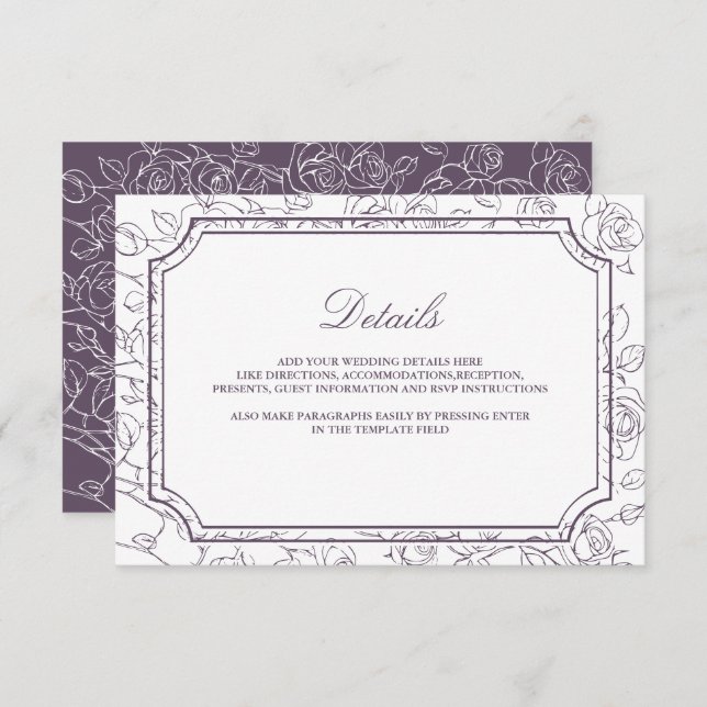 Tarjeta De Recepción Victorian Dusty Purple Line Art Wedding Details (Anverso / Reverso)